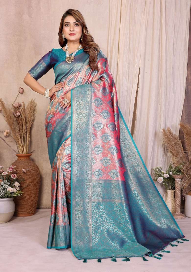 Pink Woven Silk Blend Saree Set for Diwali and Festive Wear - Indya