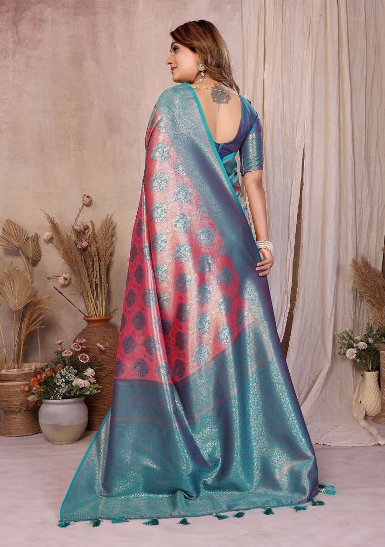 Pink Woven Silk Blend Saree Set for Diwali and Festive Wear - Indya