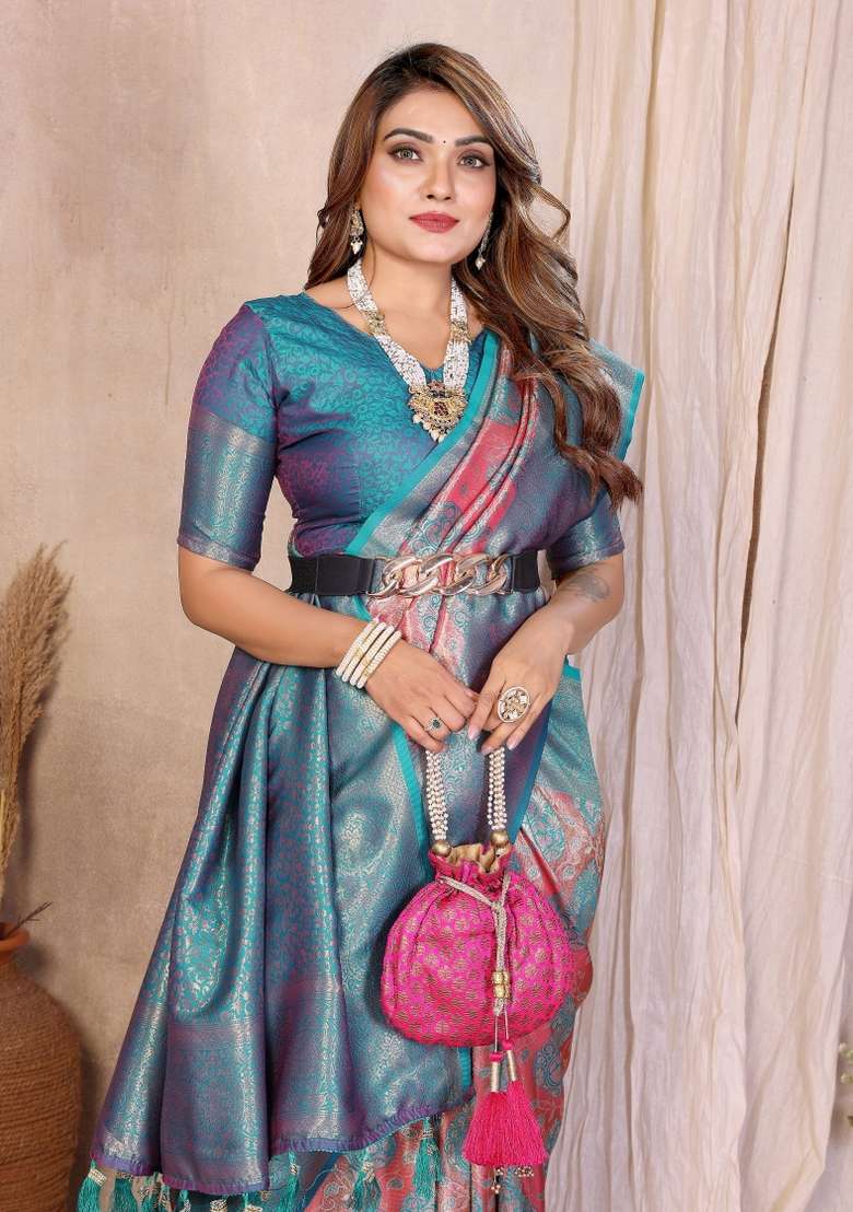 Pink Woven Silk Blend Saree Set for Diwali and Festive Wear - Indya