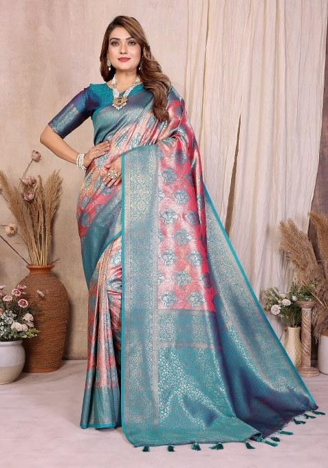 Pink Woven Silk Blend Saree Set