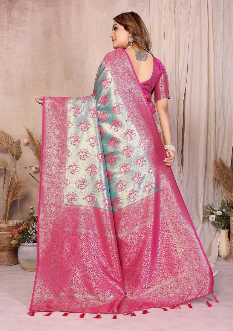 Blue Woven Silk Blend Saree Set - Indya