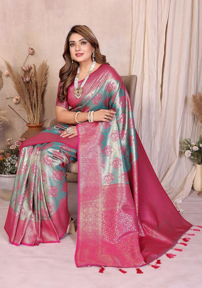 Blue Woven Silk Blend Saree Set - Indya