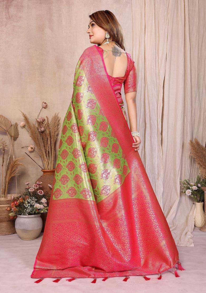 Green Woven Silk Blend Saree Set - Indya