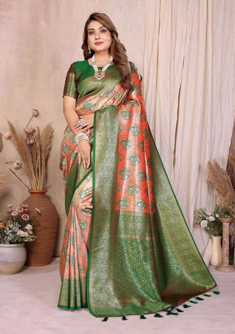 Orange Woven Silk Blend Saree Set for Diwali | Wedding & Festive Wear - Indya