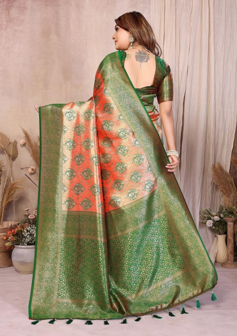 Orange Woven Silk Blend Saree Set - Indya