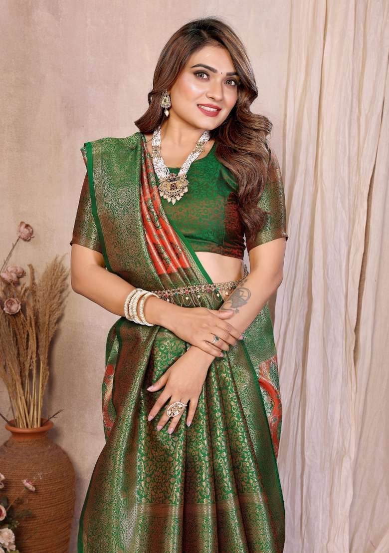 Orange Woven Silk Blend Saree Set for Diwali | Wedding & Festive Wear - Indya