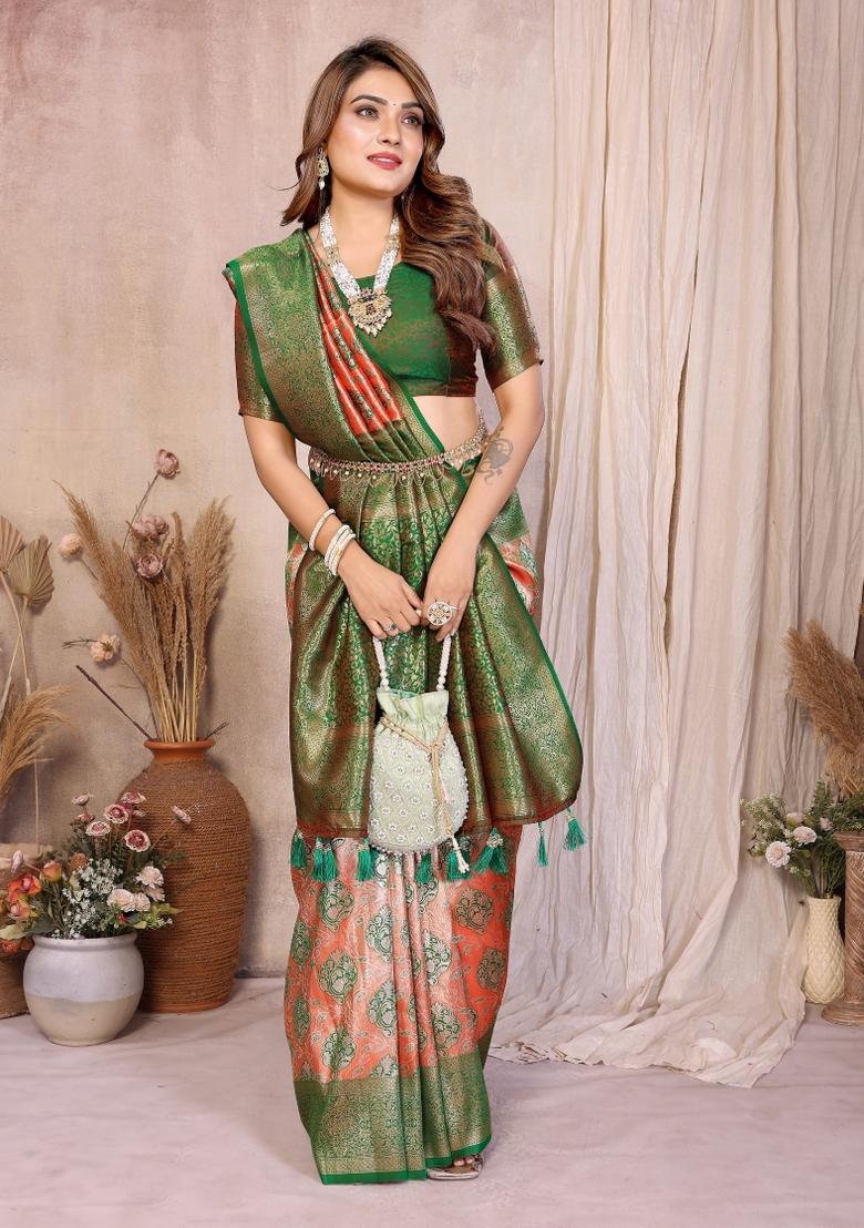 Orange Woven Silk Blend Saree Set - Indya