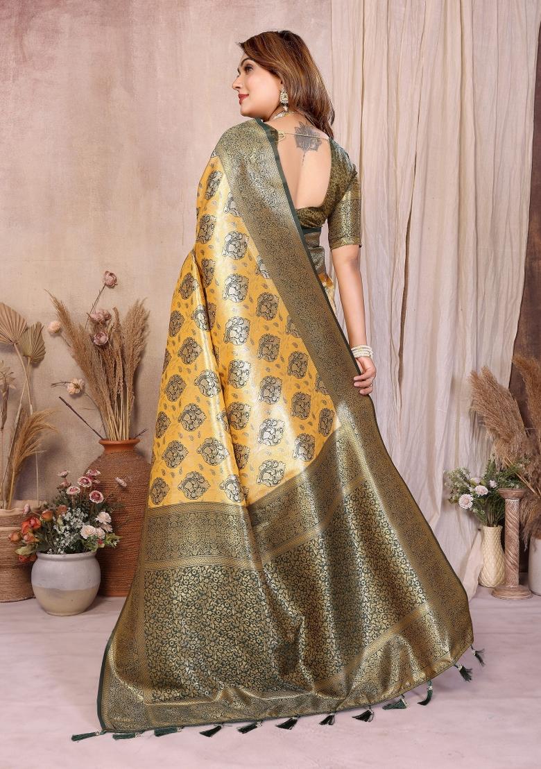 Yellow Woven Silk Blend Saree Set - Indya