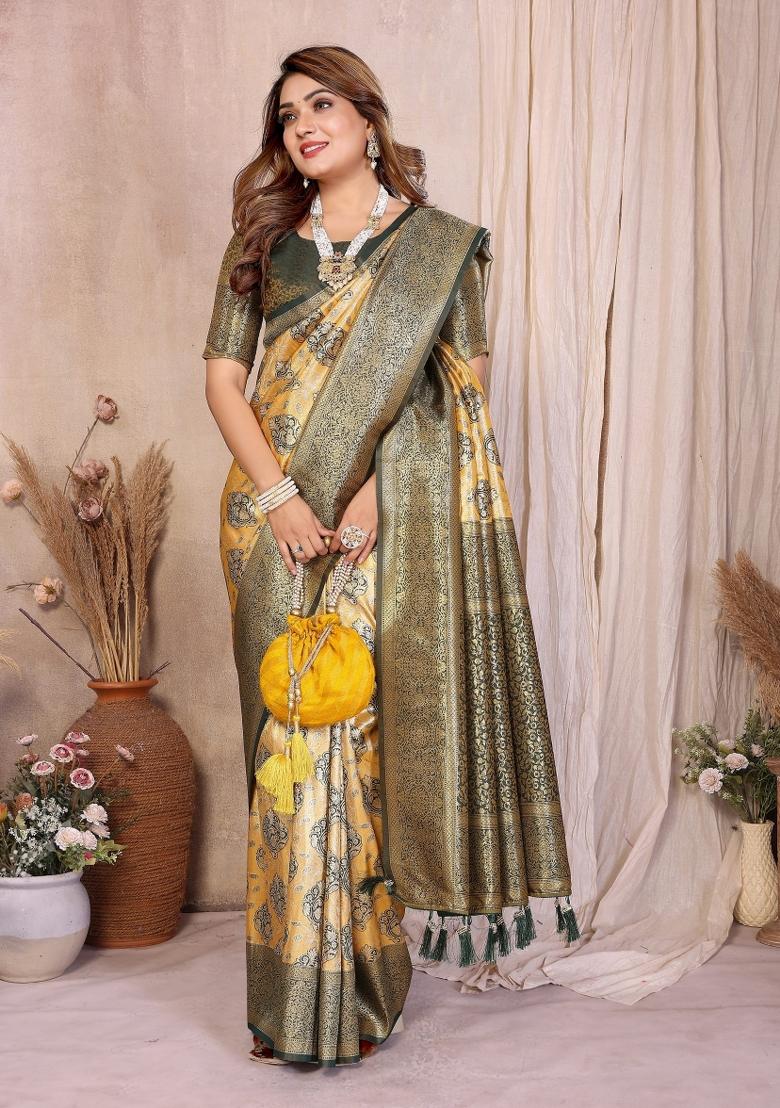 Yellow Woven Silk Blend Saree Set - Indya