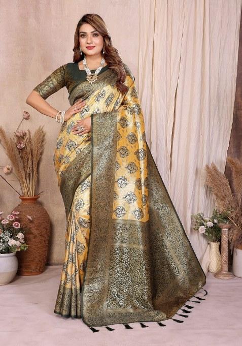 Yellow Woven Silk Blend Saree Set