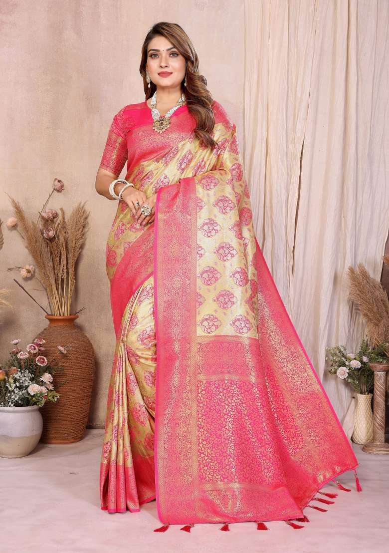 Cream Woven Silk Blend Saree Set for Diwali | Wedding & Festive Wear - Indya