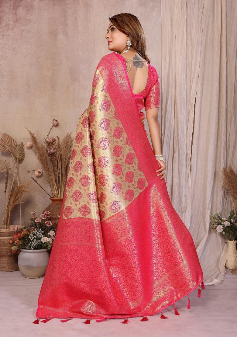 Cream Woven Silk Blend Saree Set - Indya