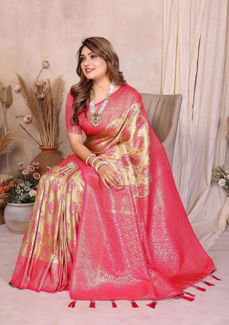 Cream Woven Silk Blend Saree Set - Indya