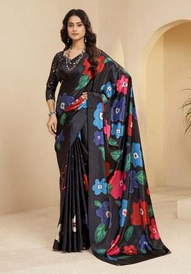 Black Printed Faux Crepe Saree Set
