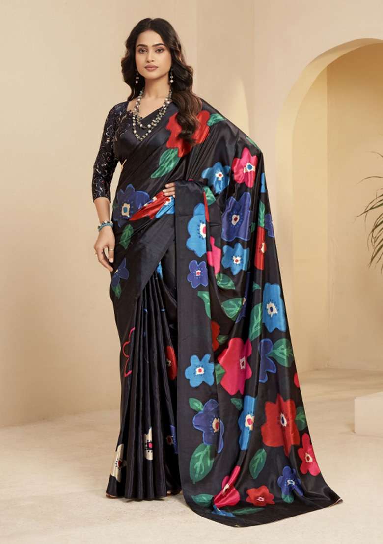 Black Faux Crepe Saree Set with Printed for Diwali | Wedding & Festive Wear - Indya