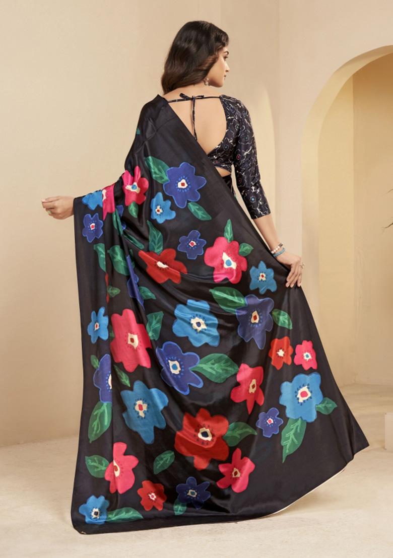 Black Printed Faux Crepe Saree Set - Indya
