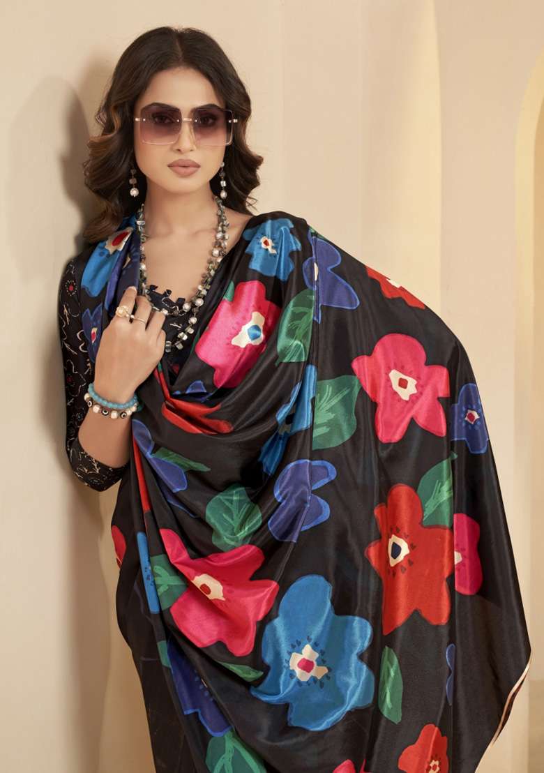 Black Faux Crepe Saree Set with Printed for Diwali | Wedding & Festive Wear - Indya
