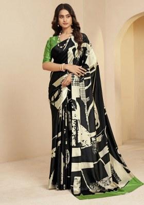 Black Printed Faux Crepe Saree Set