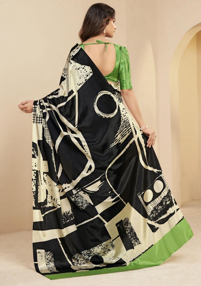 Black Printed Faux Crepe Saree Set - Indya