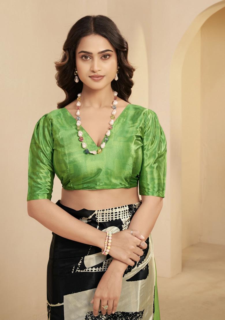 Black Printed Faux Crepe Saree Set - Indya