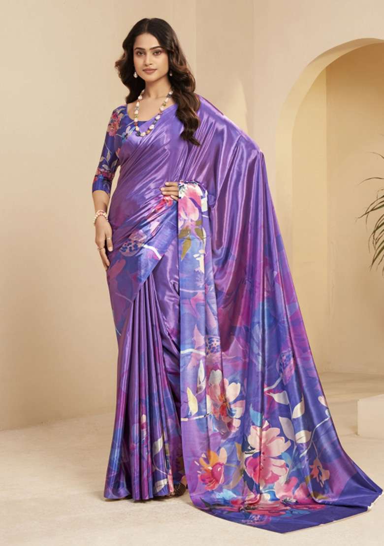 Mauve Printed Faux Crepe Saree Set for Diwali and Festive Wear - Indya