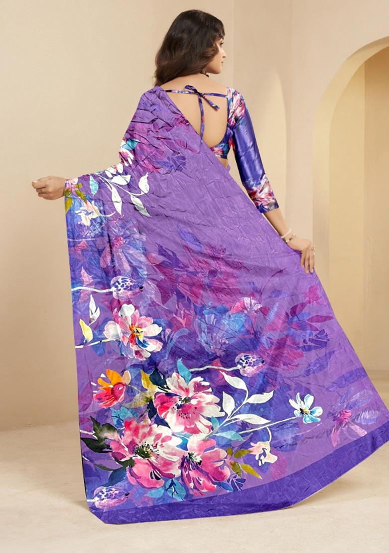 Mauve Printed Faux Crepe Saree Set - Indya