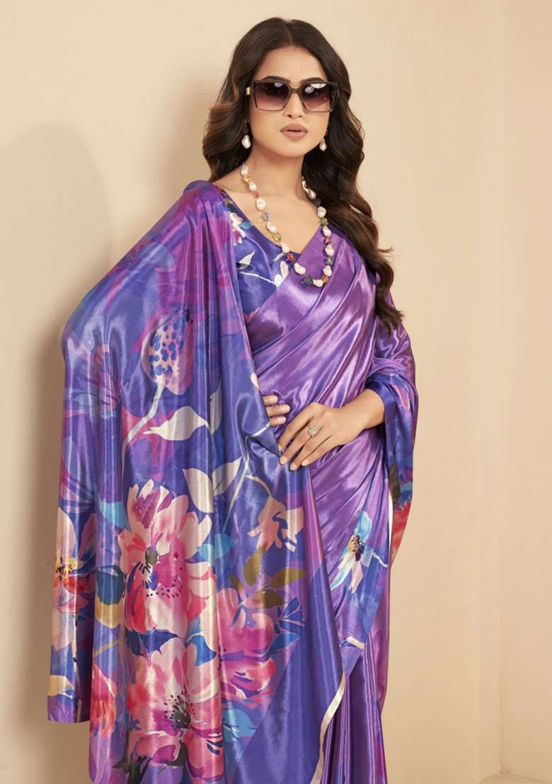 Mauve Printed Faux Crepe Saree Set for Diwali and Festive Wear - Indya
