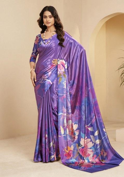 Mauve Printed Faux Crepe Saree Set