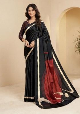 Black Printed Faux Crepe Saree Set