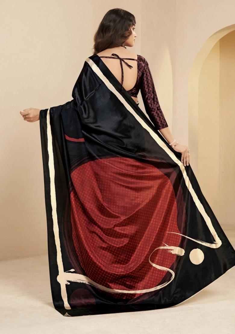Black Printed Faux Crepe Saree Set - Indya