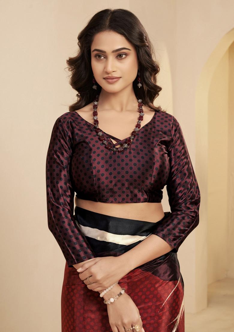 Black Printed Faux Crepe Saree Set - Indya