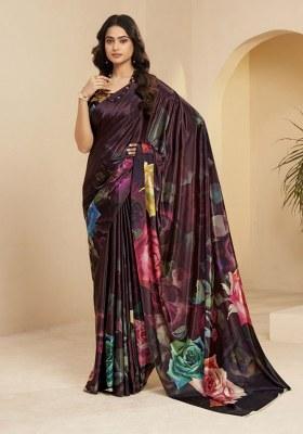 Wine Printed Faux Crepe Saree Set
