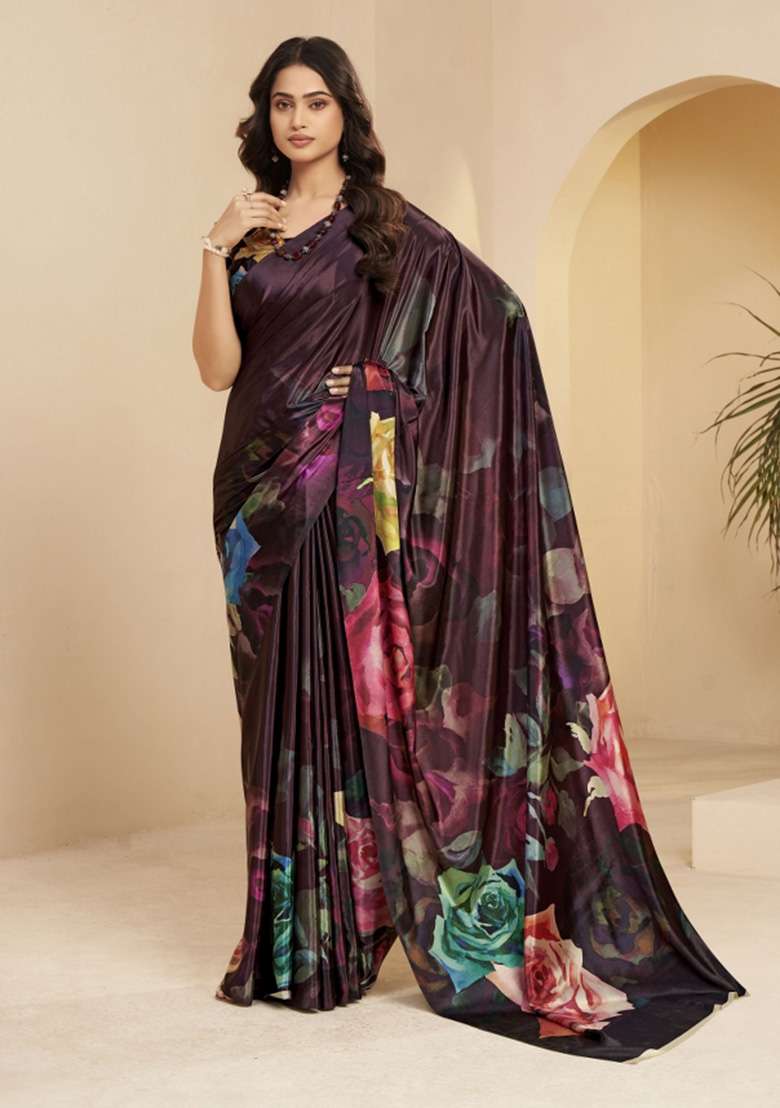 Wine Faux Crepe Saree Set with Printed for Diwali | Wedding & Festive Wear - Indya