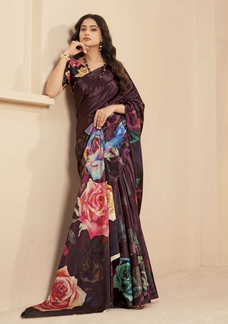 Wine Faux Crepe Saree Set with Printed for Diwali | Wedding & Festive Wear - Indya