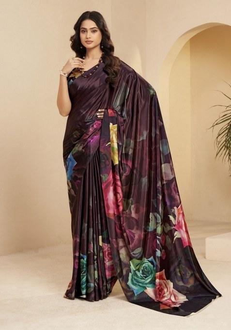 Wine Printed Faux Crepe Saree Set