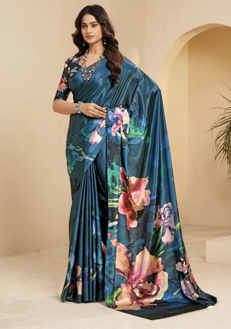 Blue Faux Crepe Saree Set with Printed for Diwali | Wedding & Festive Wear - Indya