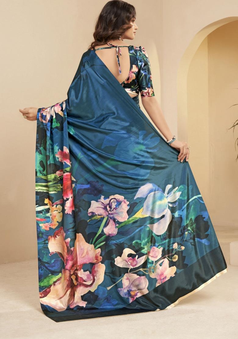 Blue Printed Faux Crepe Saree Set - Indya