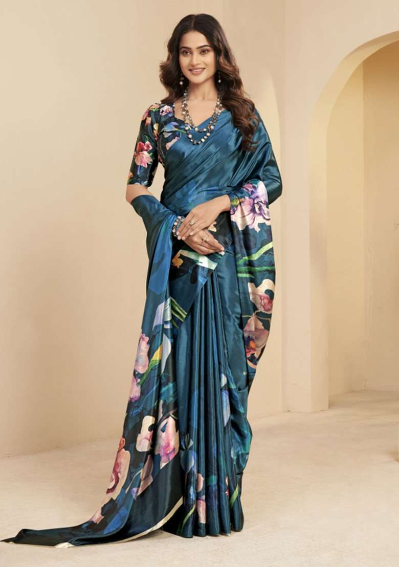 Blue Faux Crepe Saree Set with Printed for Diwali | Wedding & Festive Wear - Indya