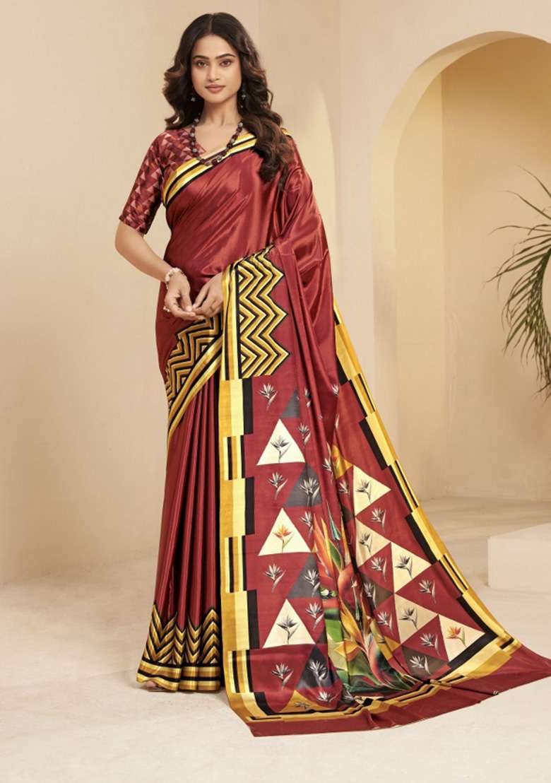 Rust Faux Crepe Saree Set with Printed for Diwali | Wedding & Festive Wear - Indya
