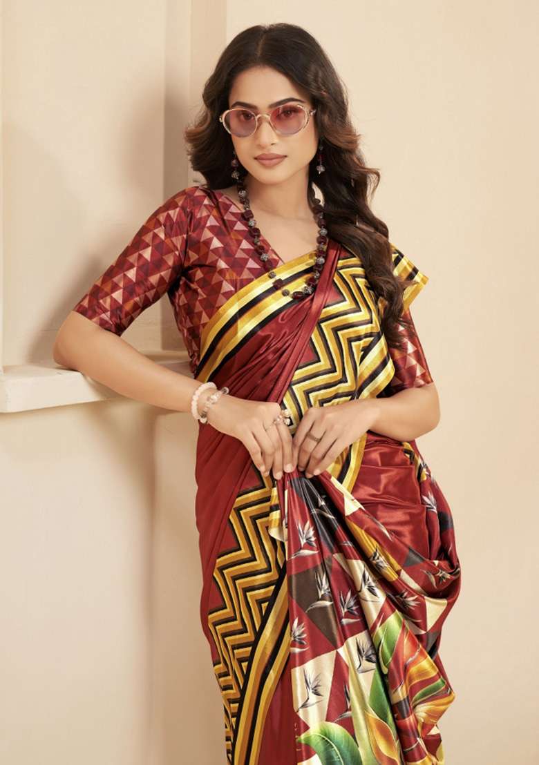 Rust Faux Crepe Saree Set with Printed for Diwali | Wedding & Festive Wear - Indya