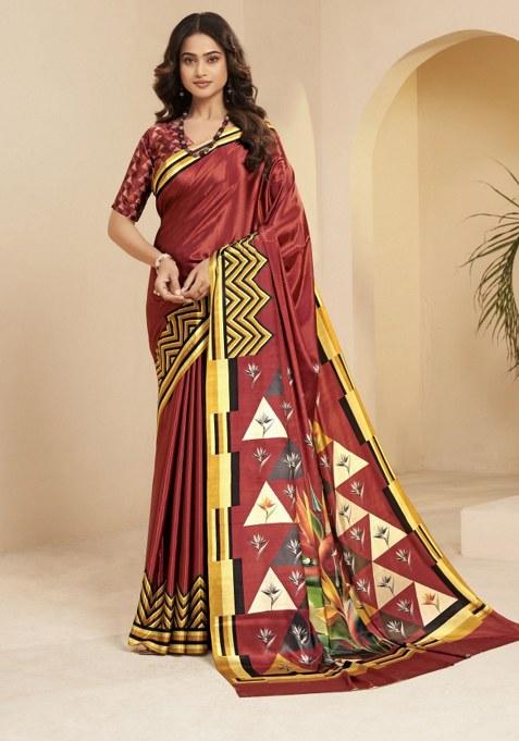 Rust Printed Faux Crepe Saree Set
