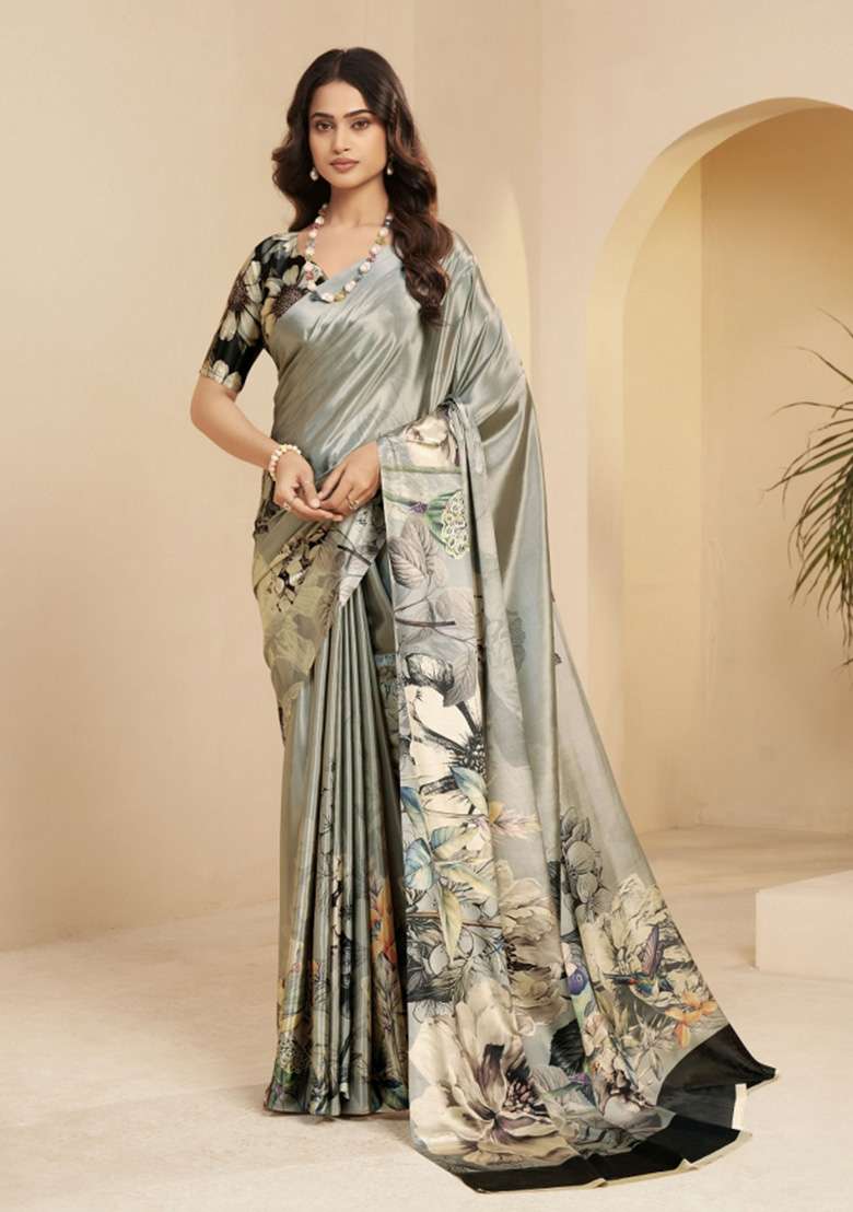 Grey Faux Crepe Saree Set with Printed for Diwali | Wedding & Festive Wear - Indya