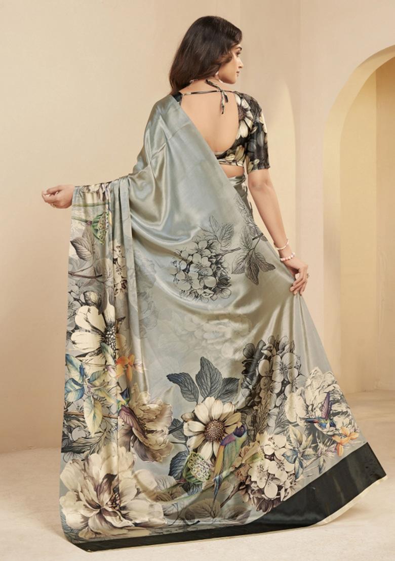 Grey Printed Faux Crepe Saree Set - Indya