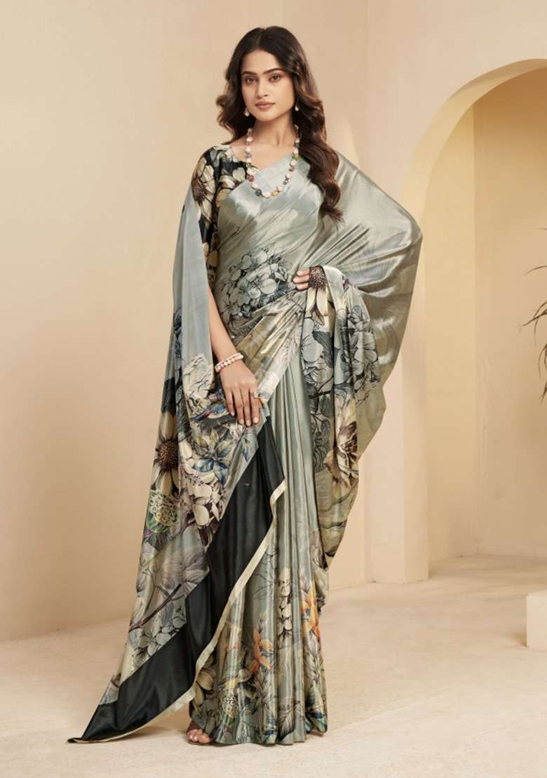 Grey Faux Crepe Saree Set with Printed for Diwali | Wedding & Festive Wear - Indya