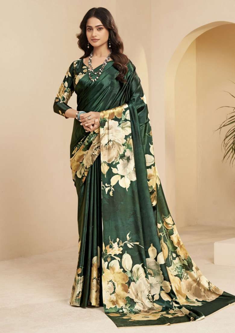 Green Printed Faux Crepe Saree Set for Diwali and Festive Wear - Indya