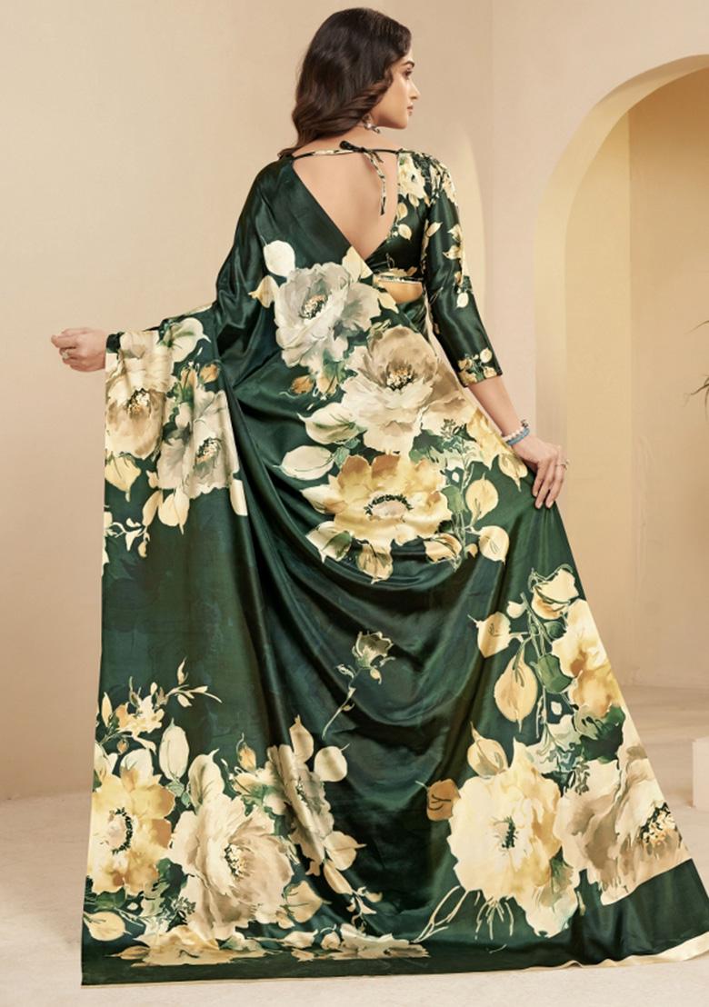 Green Printed Faux Crepe Saree Set - Indya