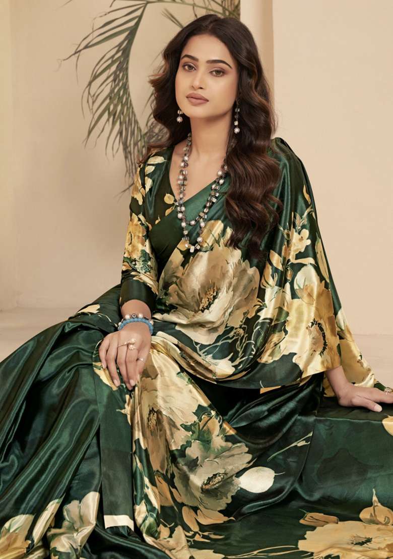 Green Printed Faux Crepe Saree Set for Diwali and Festive Wear - Indya