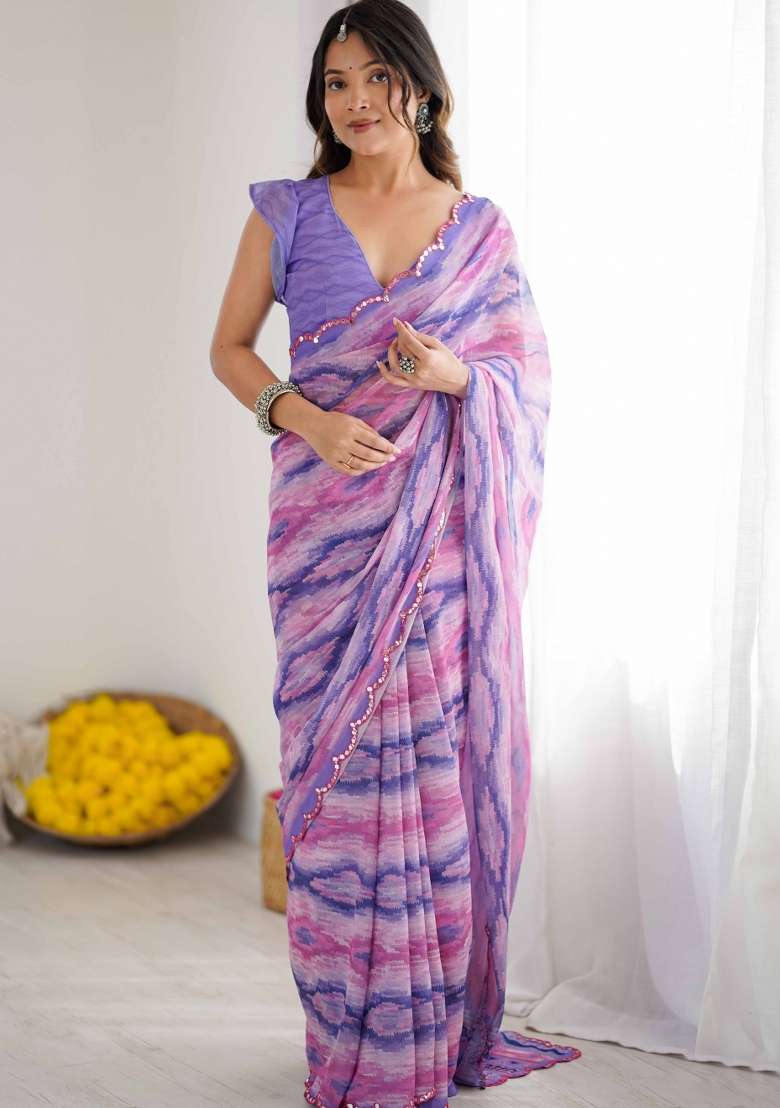 Purple Faux Georgette Saree Set with Printed for Diwali | Wedding & Festive Wear - Indya