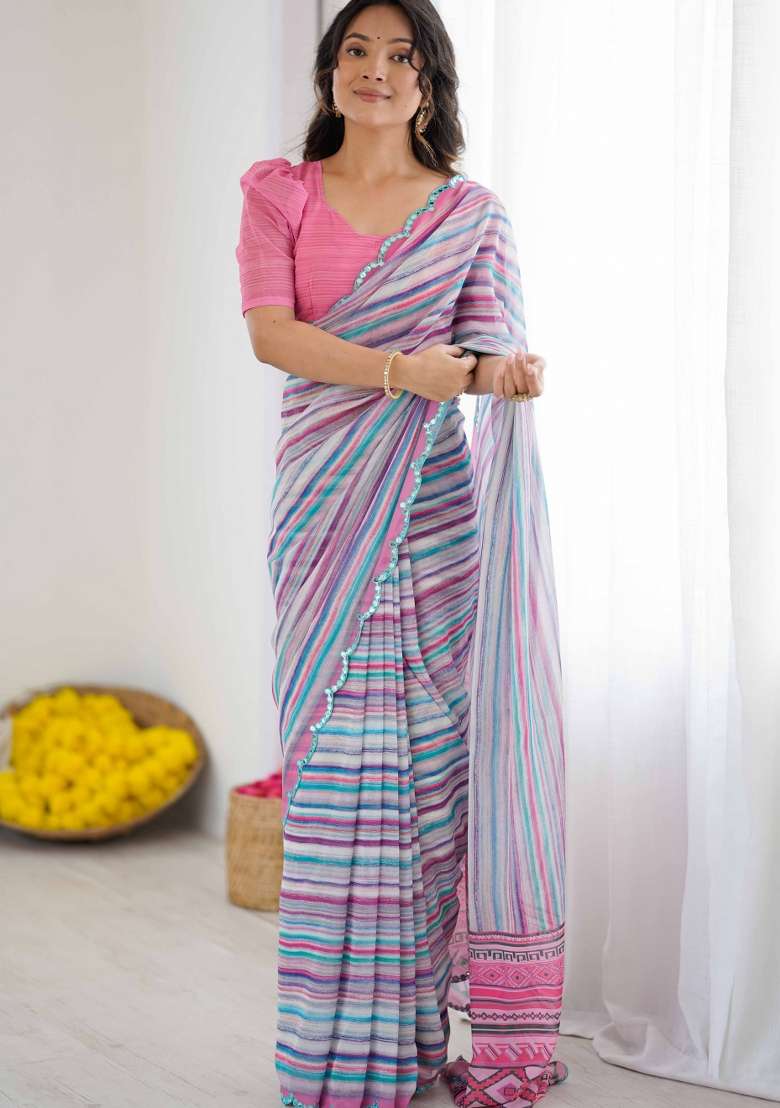 Multicolor Printed Faux Georgette Saree Set for Diwali and Festive Wear - Indya