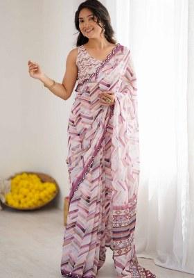 Off White Printed Faux Georgette Saree Set